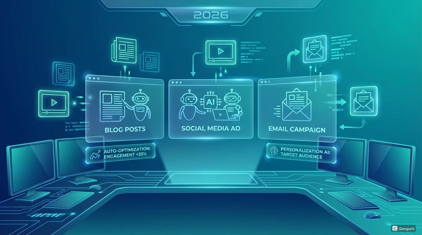 Автоматизация контент-маркетинга с помощью AI 2026. Визуализация AI инструментов создающих контент для блогов, соцсетей и email рассылок с автоматической оптимизацией и персонализацией