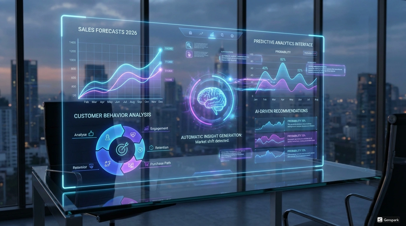 AI аналитика в маркетинге - прогнозирование и отчеты. Дашборд с AI аналитикой показывающий прогнозы продаж, анализ поведения клиентов и автоматическую генерацию инсайтов