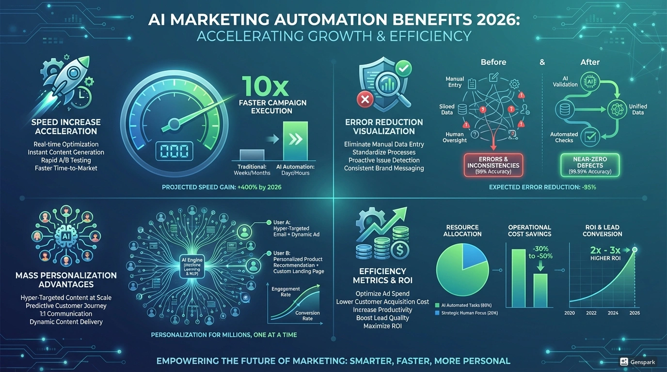 Преимущества AI в маркетинге - инфографика. Инфографика показывающая ключевые преимущества автоматизации маркетинга с помощью AI: увеличение скорости, снижение ошибок, персонализация в масштабе