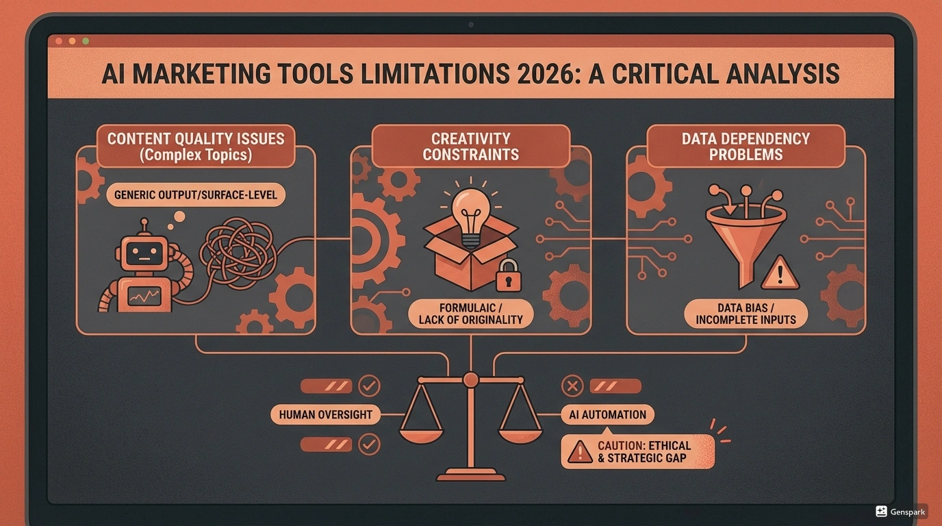 Ограничения AI инструментов в маркетинге 2026. Визуализация основных ограничений и проблем AI инструментов в маркетинге: качество контента для сложных тем, креативность, зависимость от данных
