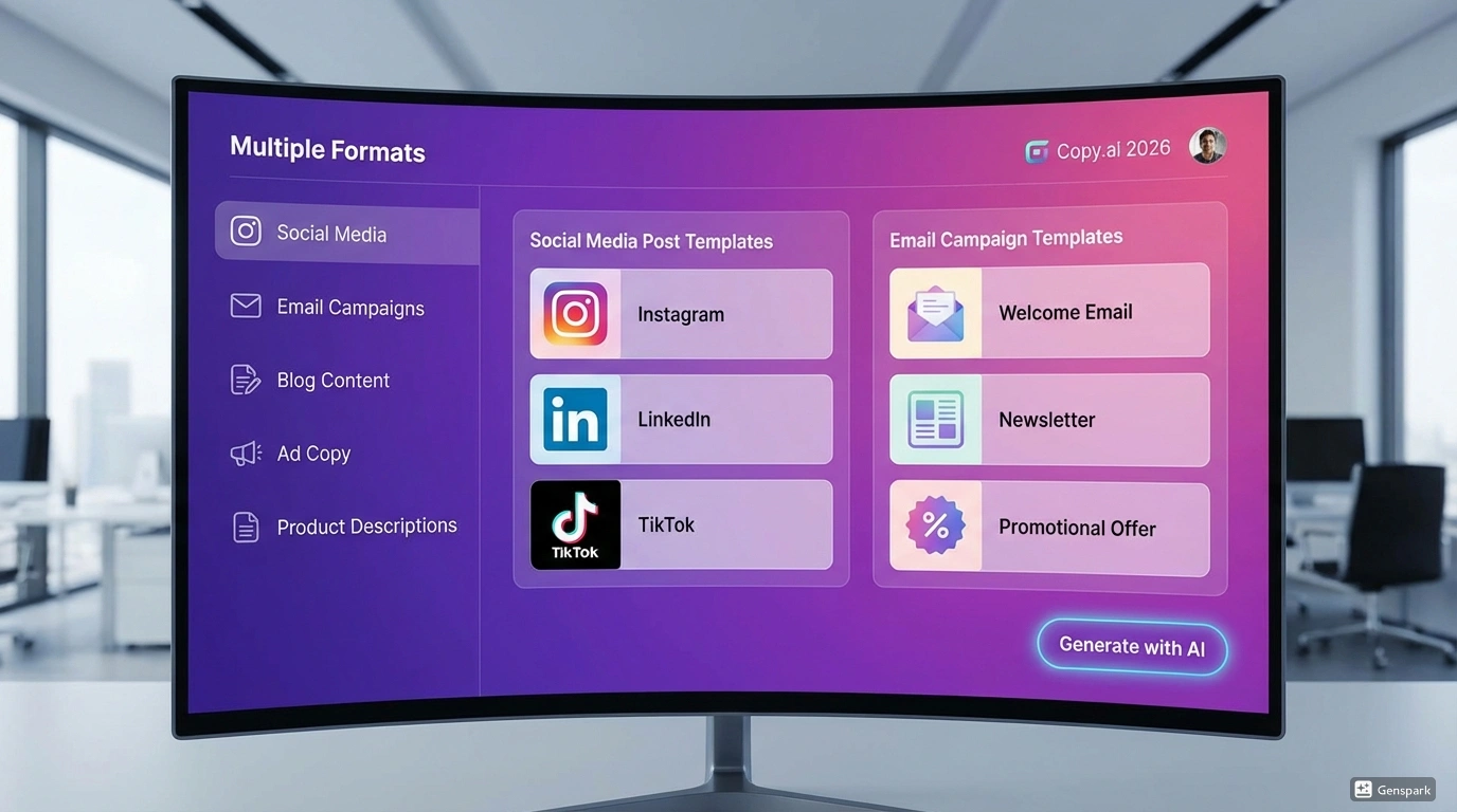 Copy.ai - создание рекламных текстов с AI. Интерфейс Copy.ai с шаблонами для создания рекламных текстов, постов для соцсетей и email рассылок