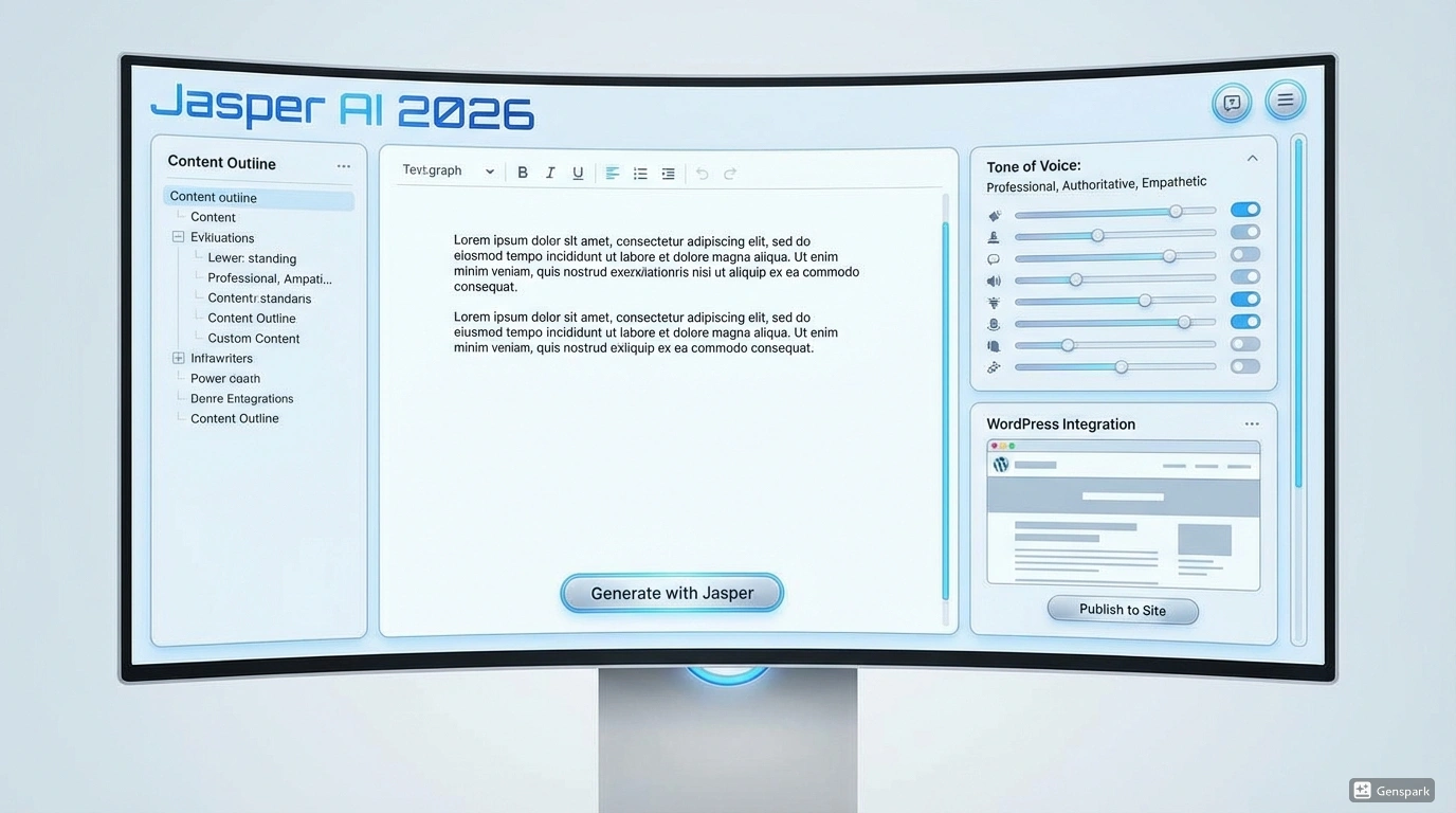 Jasper AI - интерфейс генерации контента для маркетинга. Интерфейс Jasper AI показывающий генерацию long-form контента с настройкой тона голоса и интеграцией с WordPress