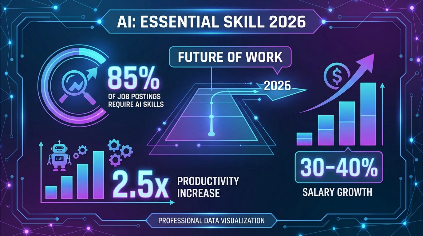 ИИ стал базовым навыком для специалистов 2026 - статистика использования AI в профессиях. Инфографика показывающая статистику: 85% вакансий требуют AI навыки, увеличение продуктивности в 2.5 раза, рост зарплат на 30-40%