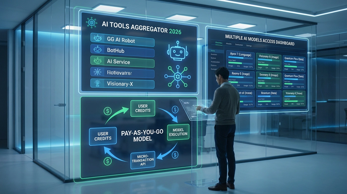 GG AI Robot и BotHub - агрегаторы AI инструментов 2026. Схема агрегаторов AI инструментов, модель оплаты за использование, доступ к множественным AI моделям, дашборд агрегатора