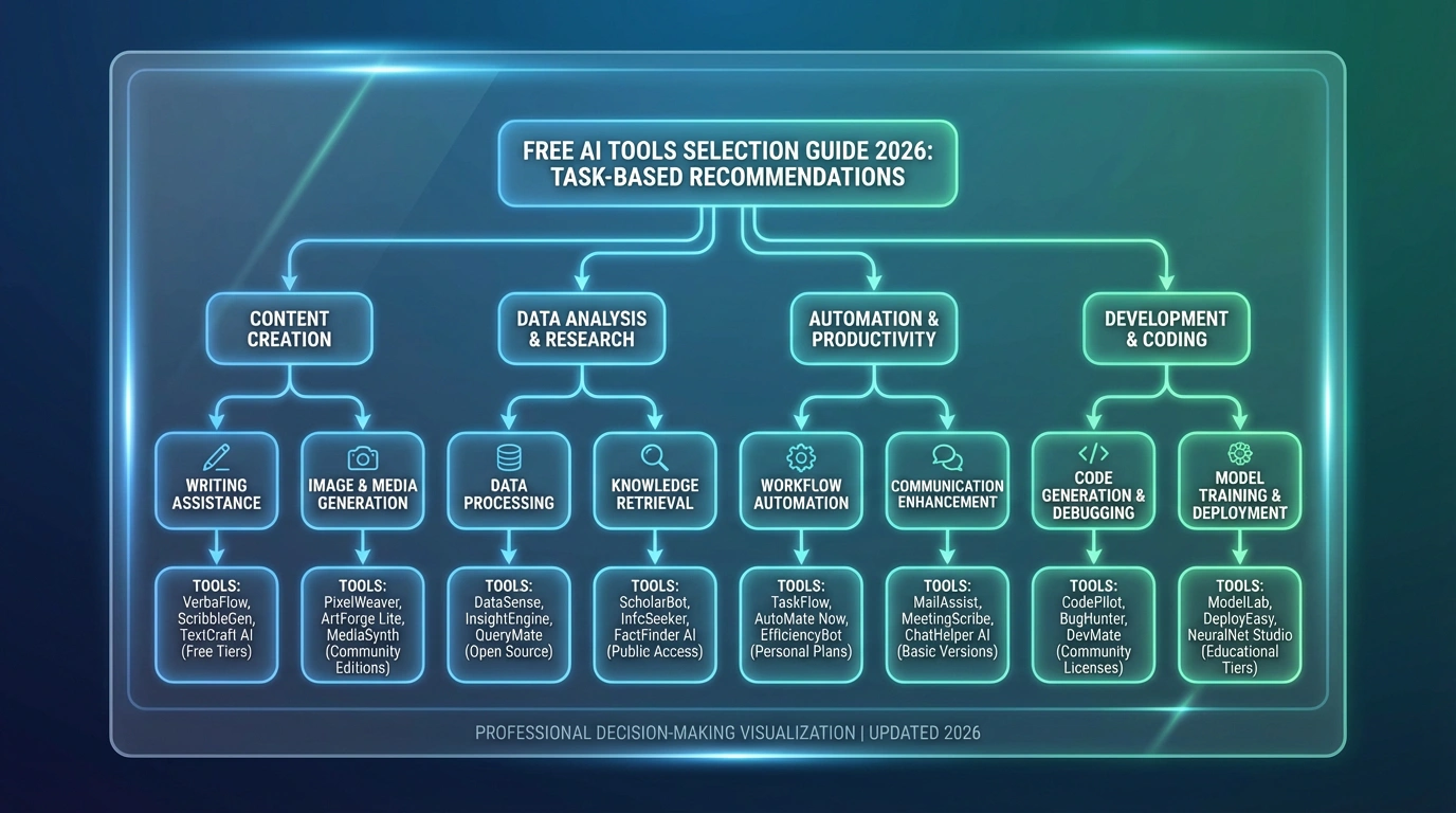 Итоговый гайд по выбору бесплатных AI инструментов 2026 - дерево решений. Инфографика с рекомендациями по типу задач, дерево принятия решений, современный гайд по выбору