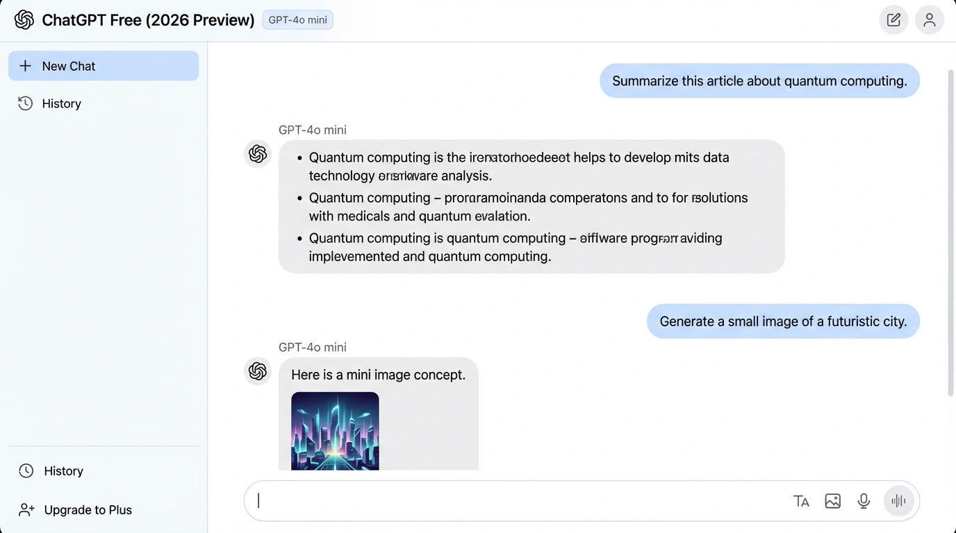ChatGPT бесплатно 2026 - интерфейс и примеры использования. Современный интерфейс ChatGPT показывающий GPT-4o mini функции, примеры диалогов, clean UI дизайн