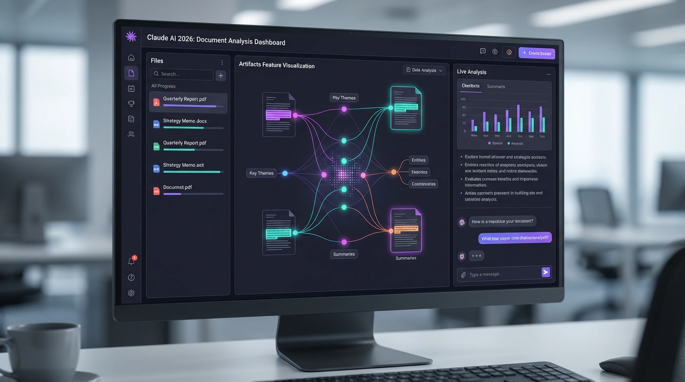 Интерфейс Claude AI 2026 - анализ документов и данных. Интерфейс Claude AI с функцией Artifacts, визуализация анализа документов, дашборд обработки данных