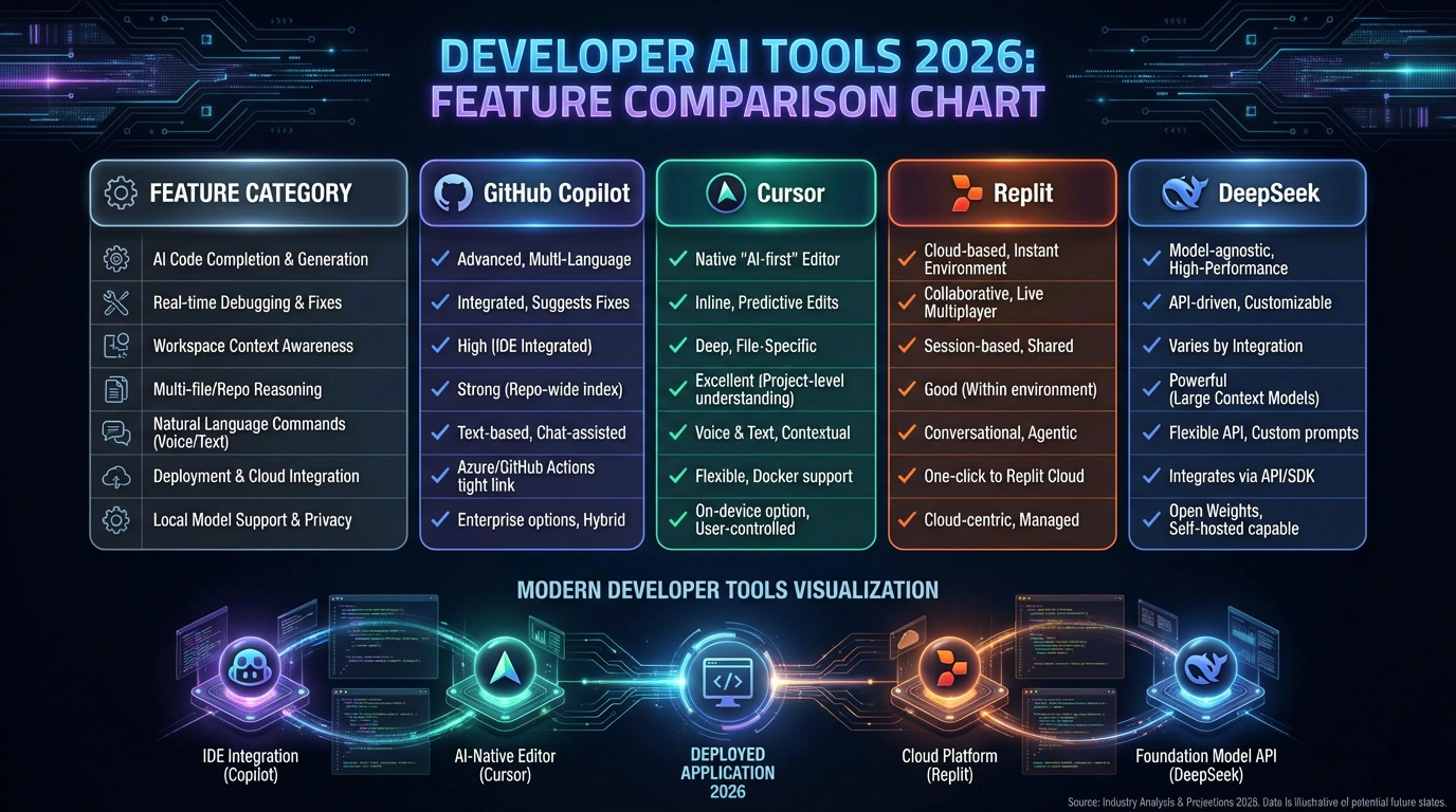 Сравнительная таблица инструментов для разработчиков 2026 - инфографика. Сравнение GitHub Copilot, Cursor, Replit Agent, DeepSeek: типы, лимиты, интеграции