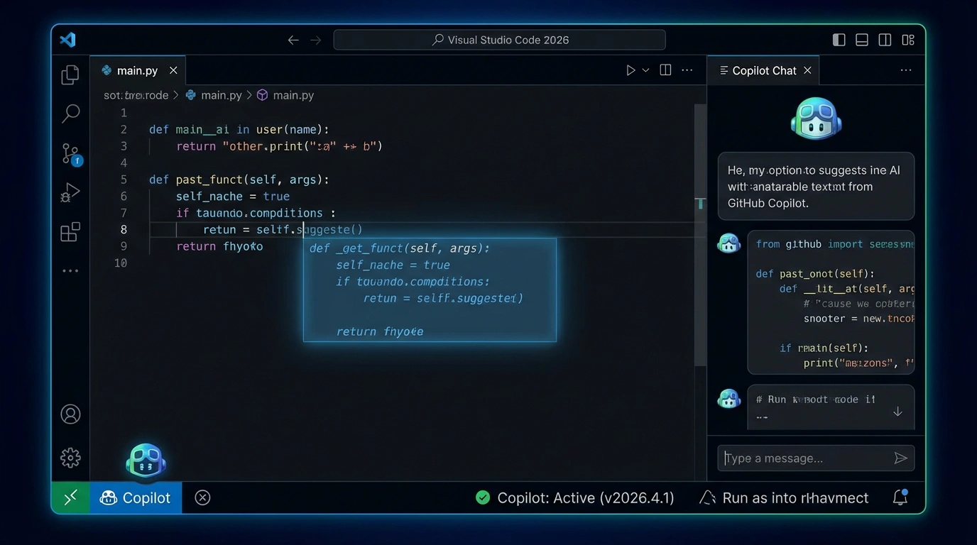 GitHub Copilot в VS Code - автодополнение кода 2026. Интерфейс GitHub Copilot в VS Code показывающий автодополнение кода, AI предложения в IDE, профессиональный инструмент разработчика