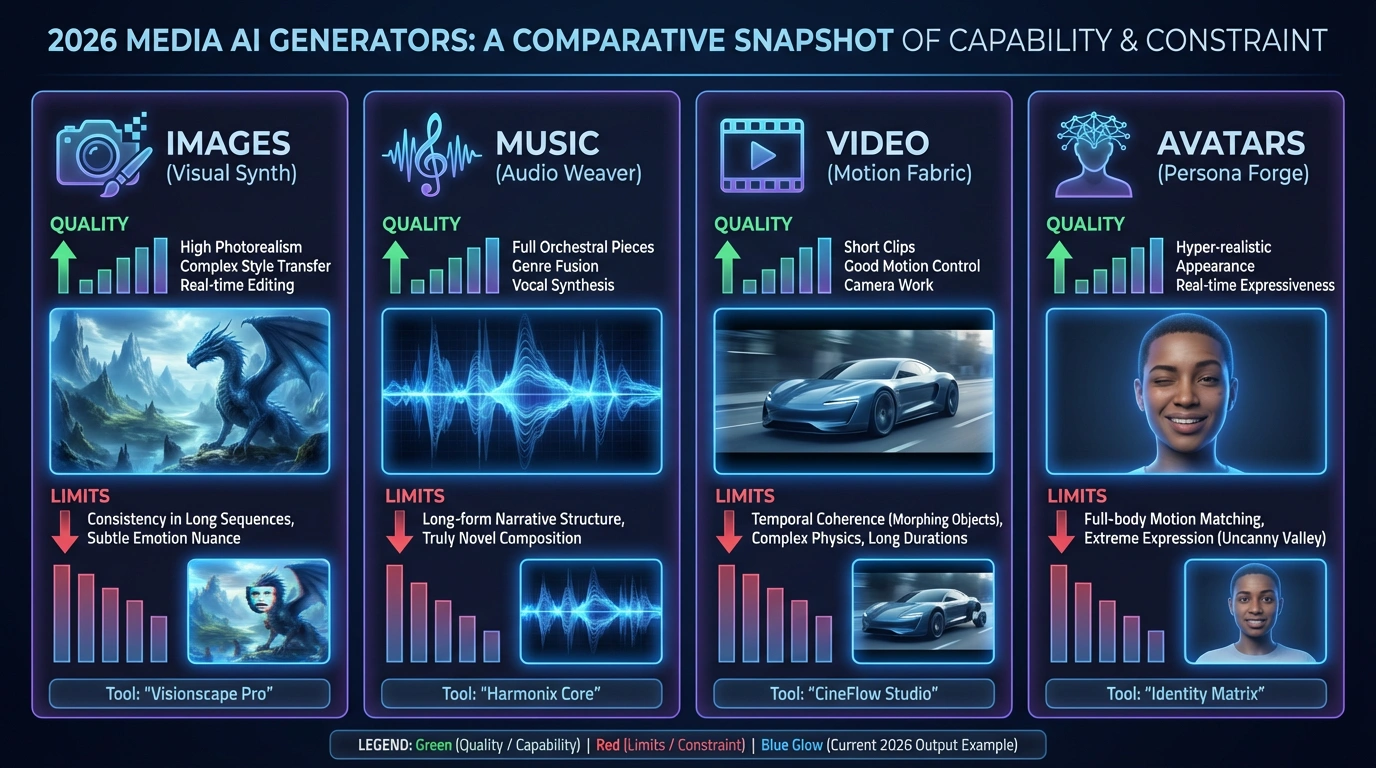 Сравнительная таблица генераторов медиа-контента 2026 - инфографика. Сравнение инструментов для изображений, музыки, видео, аватаров: лимиты, качество, сильные стороны