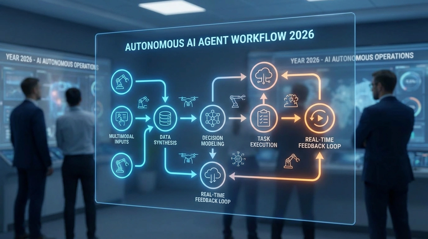 Мультимодальность и AI-агенты 2026 - главные тренды. Визуализация AI агентов выполняющих сложные многошаговые задачи, автономные рабочие процессы, современные AI технологии