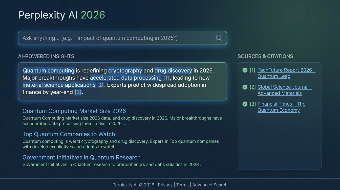 Perplexity AI - интерфейс поиска с источниками 2026. Интерфейс Perplexity AI показывающий поиск с цитированием источников, AI-powered результаты поиска, современный дизайн поисковой системы