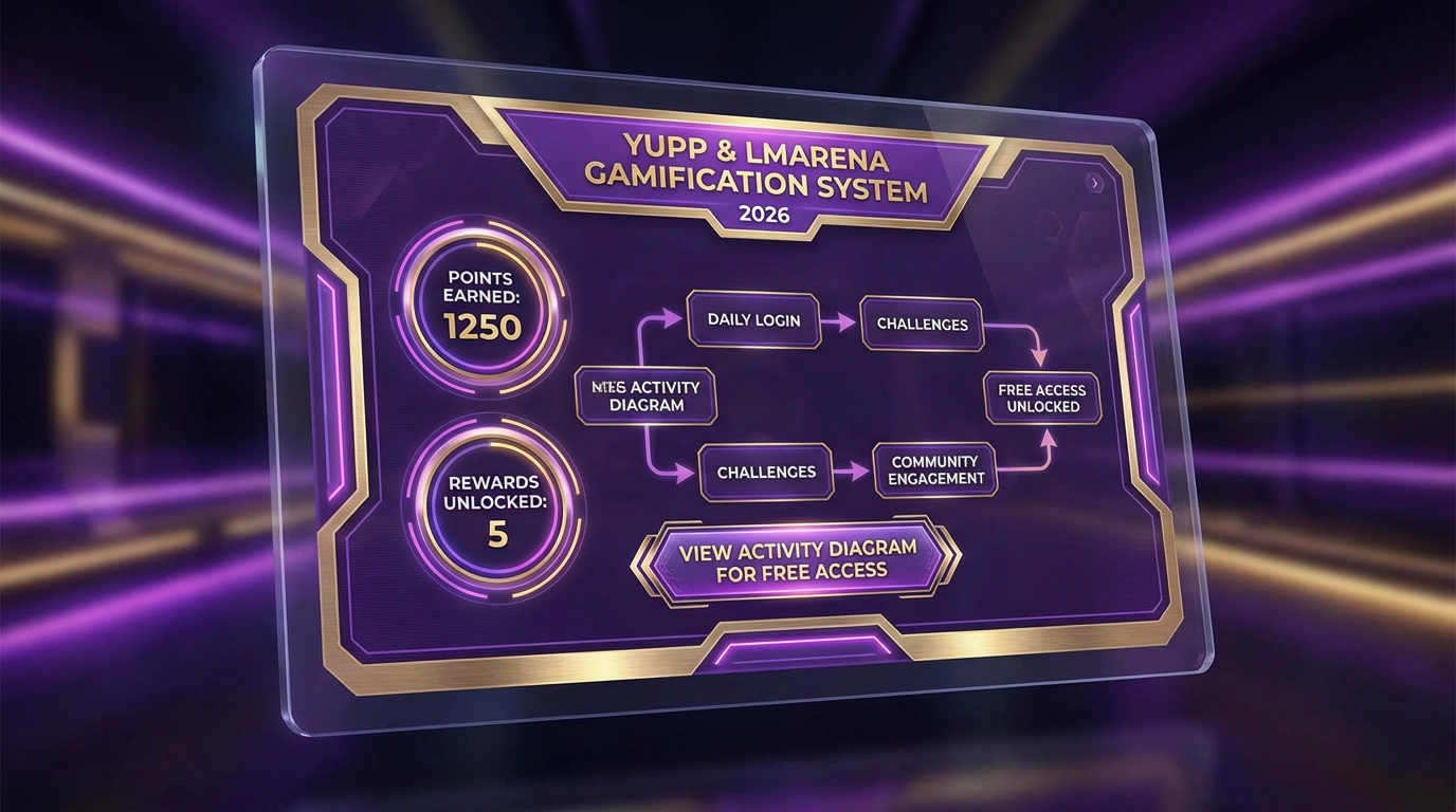 Yupp и LMArena - геймификация для бесплатного доступа 2026. Визуализация системы баллов и наград, бесплатный доступ через активность, диаграмма геймификации