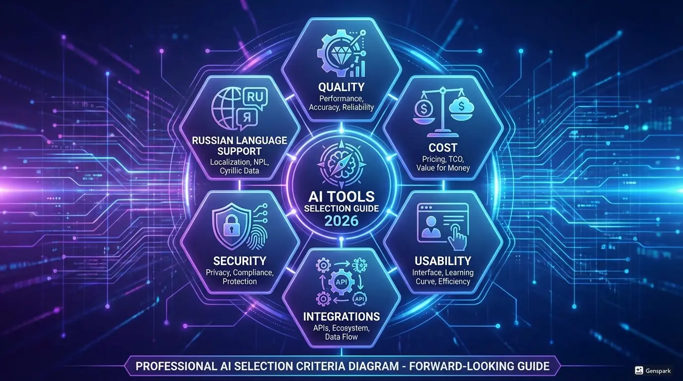 6 ключевых критериев выбора AI инструментов 2026 - визуализация. Показывает: Качество, Стоимость, Удобство, Интеграции, Безопасность, Поддержка русского языка, современная диаграмма критериев