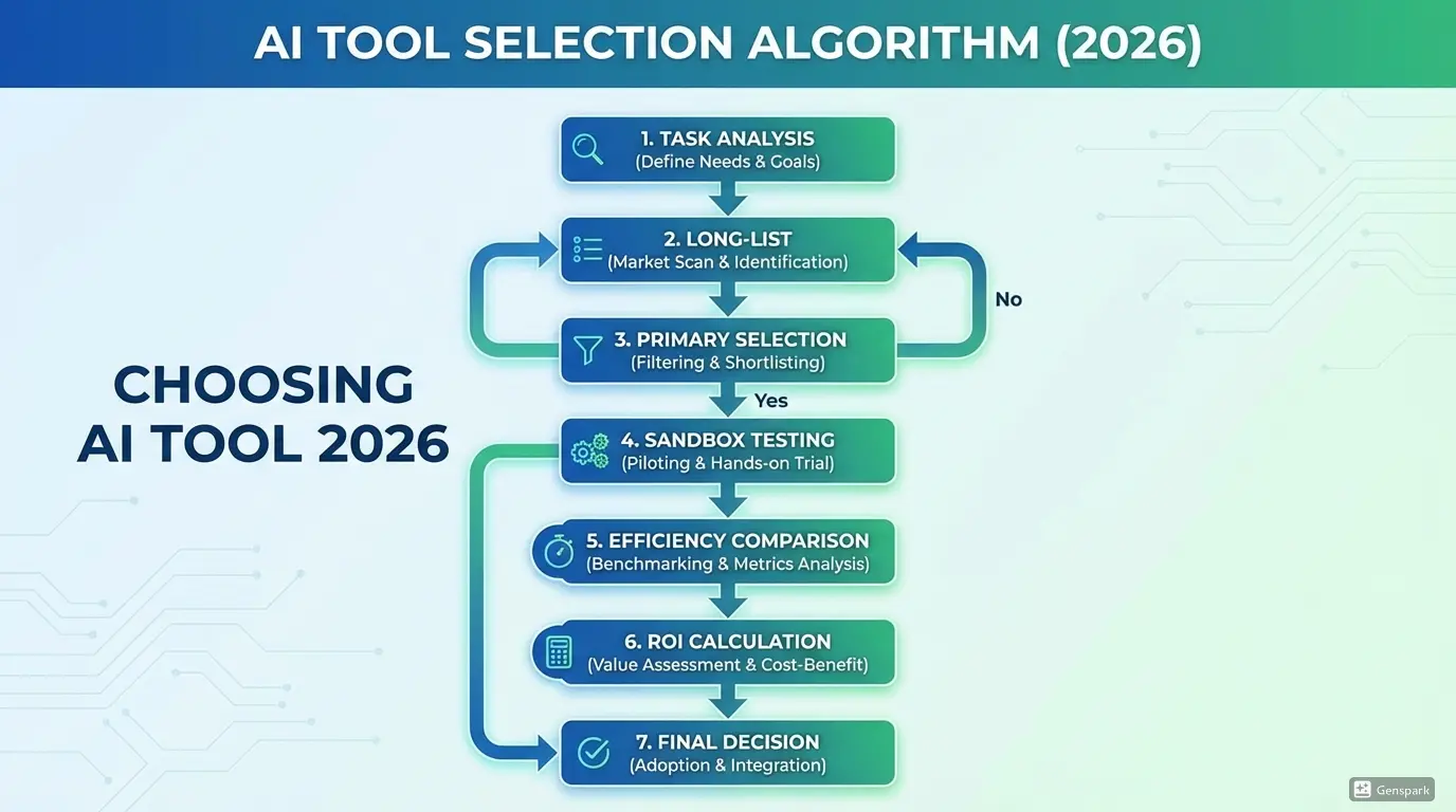 Алгоритм выбора AI инструмента 7 шагов 2026 - блок-схема. Показывает: Анализ задачи, Лонг-лист, Первичный отбор, Тестовый период, Сравнение эффективности, Расчет ROI, Финальное решение, современное дерево решений
