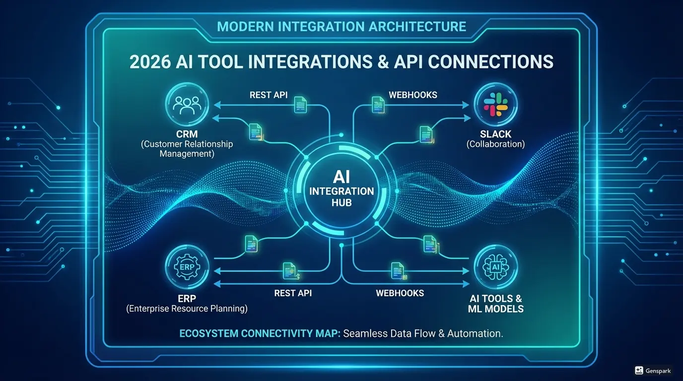 Интеграции и API подключения AI инструментов 2026. Диаграмма интеграций CRM Slack ERP, визуализация REST API вебхуков, карта экосистемной связности, современная архитектура интеграций
