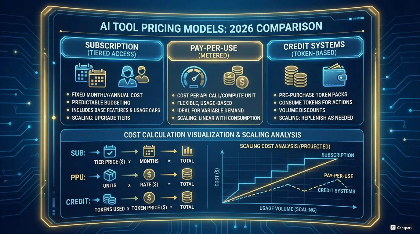 Сравнение моделей ценообразования AI инструментов 2026. Подписка vs Оплата за использование vs Кредитные системы, визуализация расчета стоимости, анализ стоимости масштабирования