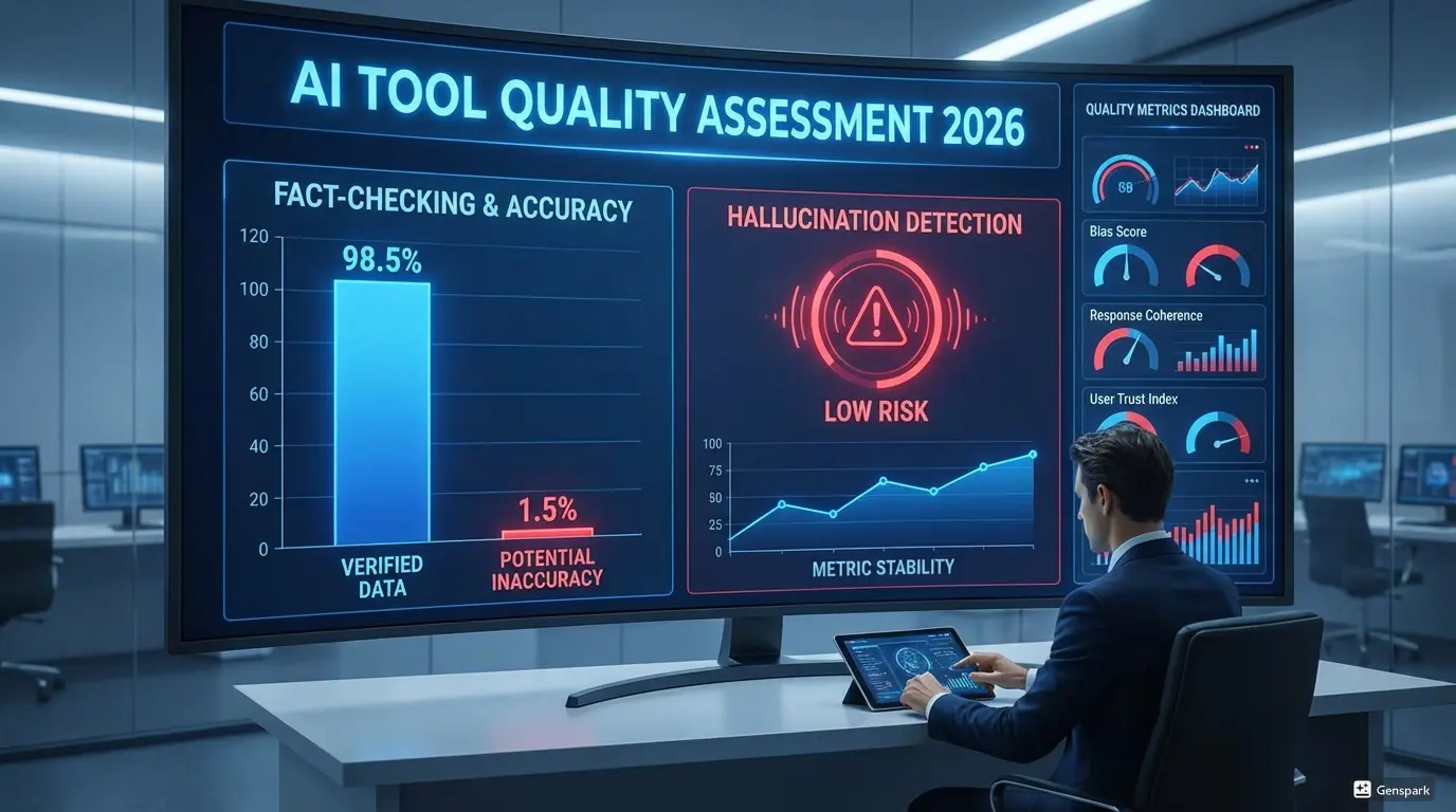 Оценка качества AI инструментов 2026 - проверка фактов и точности. Визуализация обнаружения галлюцинаций, дашборд метрик качества, профессиональный интерфейс оценки AI