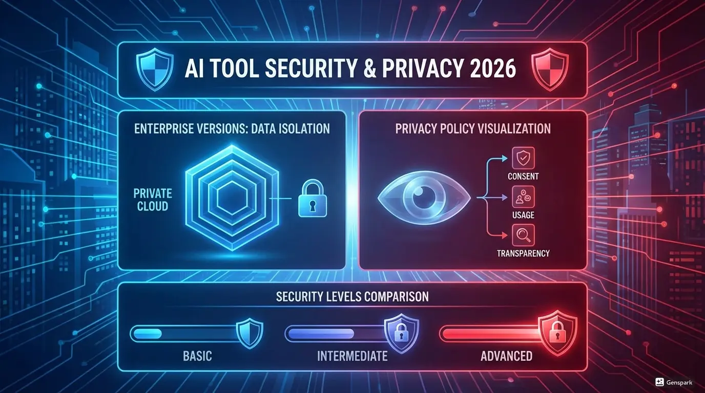 Безопасность и конфиденциальность AI инструментов 2026. Изоляция данных Enterprise версии, визуализация политики конфиденциальности, сравнение уровней безопасности, современная кибербезопасность
