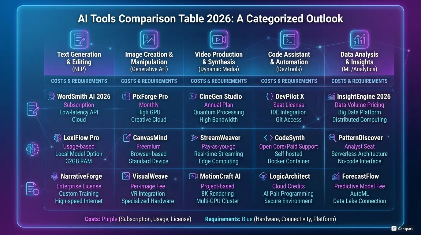 Сравнительная таблица AI инструментов по категориям 2026 - инфографика. Показывает: Текст, Изображения, Видео, Код, Данные с ценами и требованиями, современная сравнительная диаграмма
