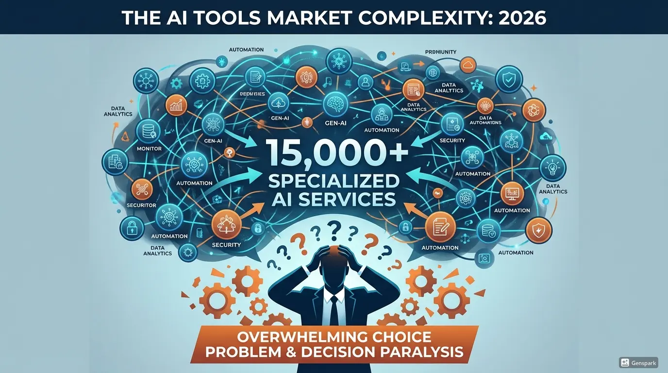 Сложность рынка AI инструментов 2026 - визуализация 15,000 специализированных AI сервисов. Проблема переизбытка выбора, иллюстрация паралича решений, современная визуализация технологического рынка