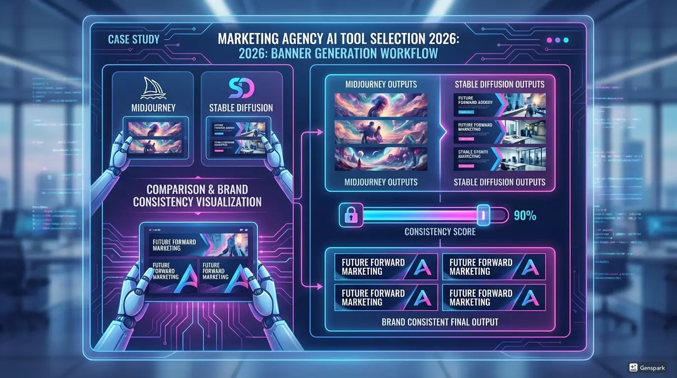 Кейс выбора AI инструмента маркетинговым агентством 2026. Рабочий процесс генерации баннеров, сравнение Midjourney vs Stable Diffusion, визуализация консистентности бренда