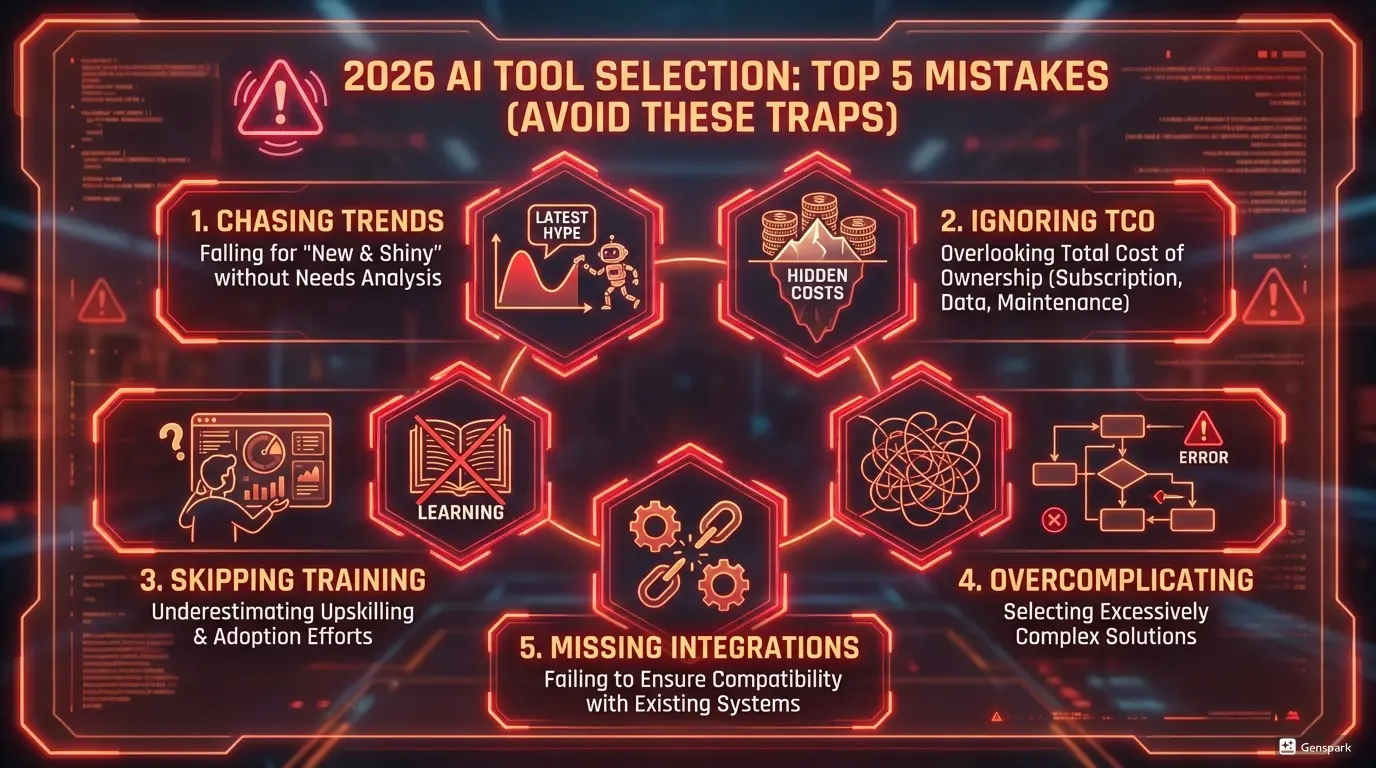 Топ-5 ошибок при выборе AI инструментов 2026 - инфографика. Показывает частые ошибки: погоня за трендами, игнорирование TCO, пропуск обучения, усложнение, отсутствие интеграций