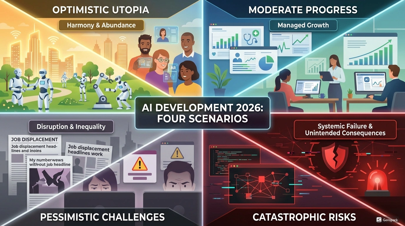 Сценарии развития ИИ 2026 - от оптимистичных до катастрофических. Четыре сценария развития ИИ визуализированные как разделенный экран: оптимистичная утопия, умеренный прогресс, пессимистичные вызовы и катастрофические риски