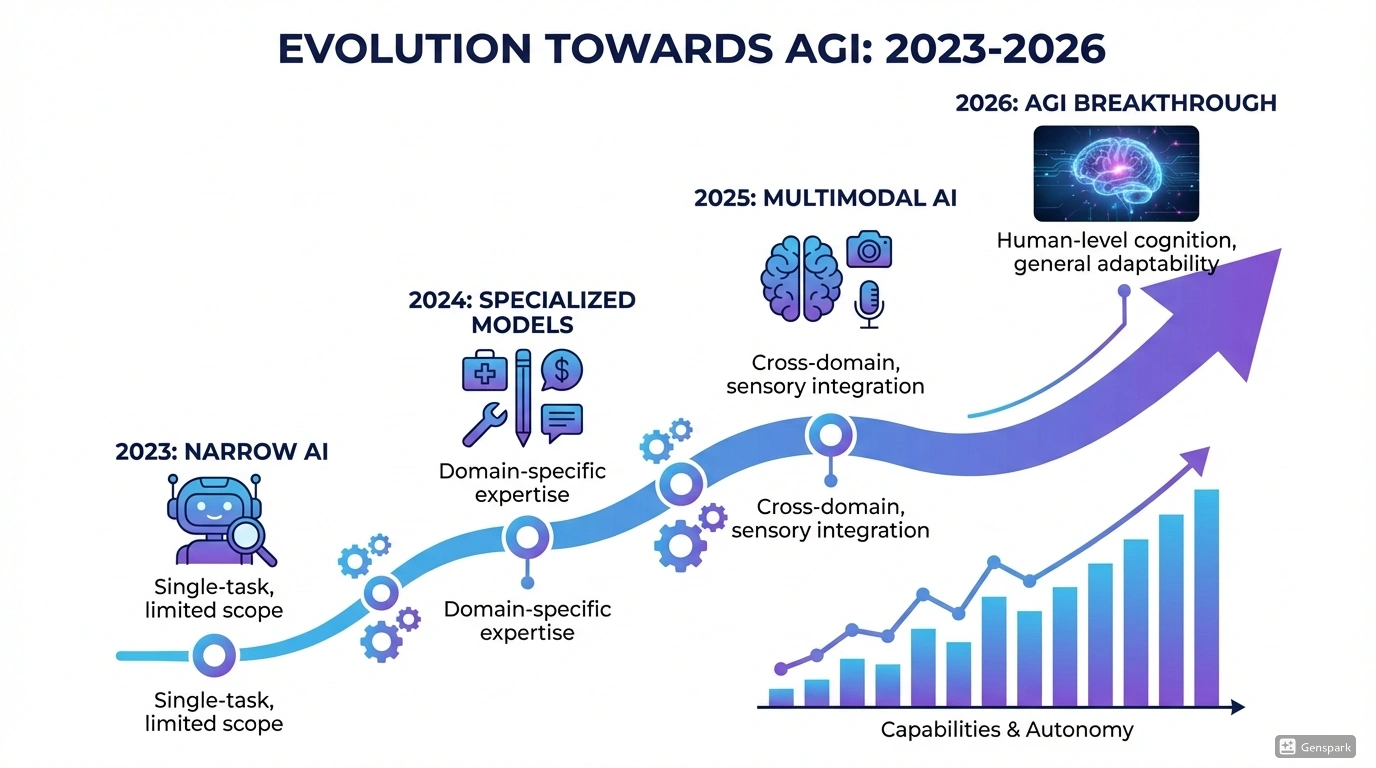 Эволюция от узкого ИИ к AGI - диаграмма развития 2023-2026. Инфографика показывающая путь от специализированных AI моделей к искусственному общему интеллекту с временной шкалой и ключевыми этапами развития