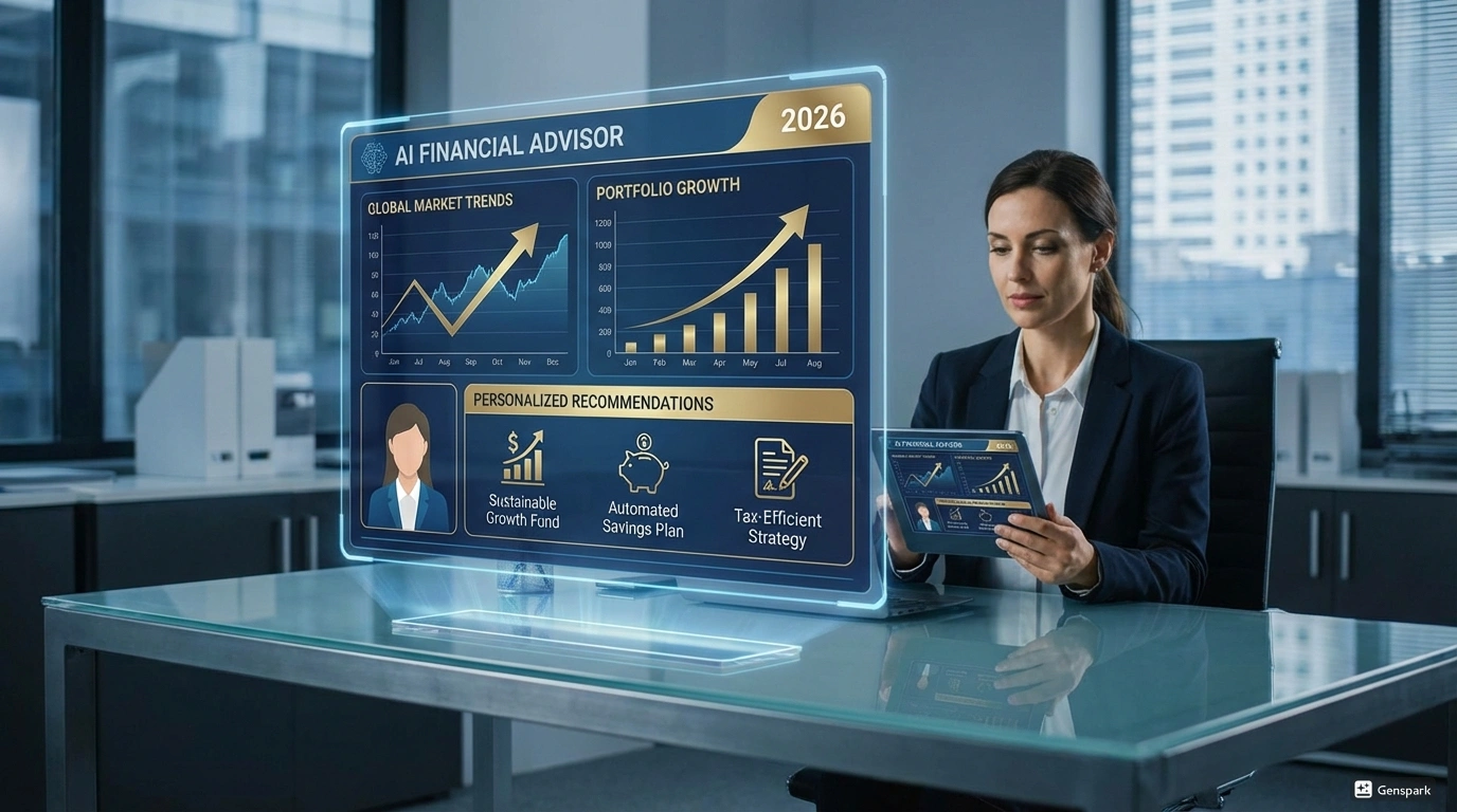 ИИ в финансах 2026 - автоматизированные советники. AI финансовый советник с автоматизированным инвестиционным анализом и финансовым планированием, голографическая панель показывающая рыночные тренды и персонализированные рекомендации