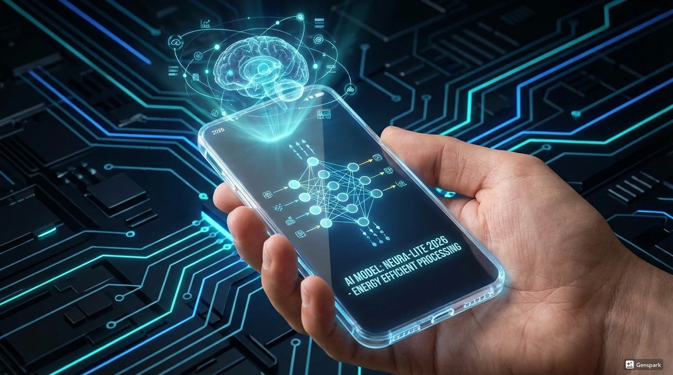 Миниатюризация ИИ моделей - запуск на мобильных устройствах 2026. Мощная AI модель работающая на смартфоне с визуализацией компактной нейронной сети и голографическим интерфейсом