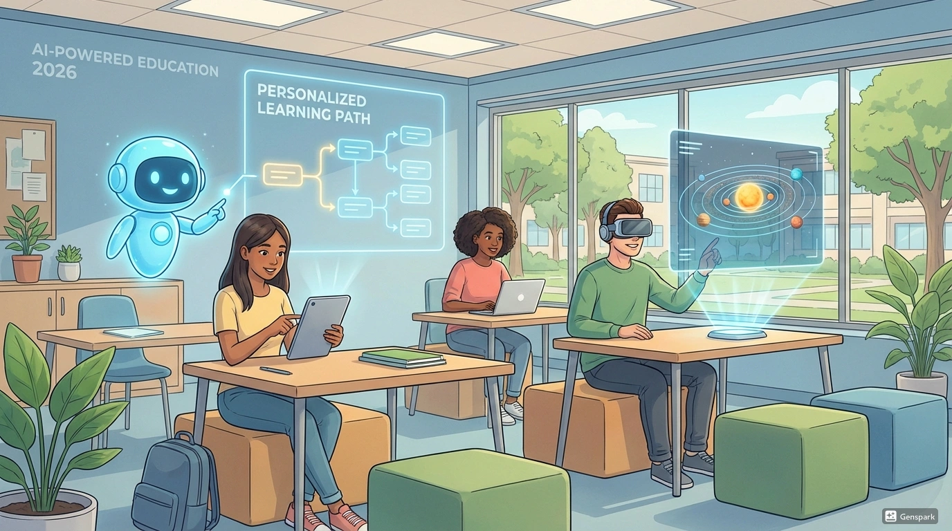 ИИ в образовании 2026 - персонализированное обучение. Студент обучающийся с AI репетитором адаптирующимся под индивидуальные потребности с голографическим образовательным контентом и персонализированными путями обучения