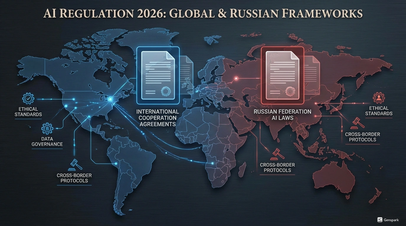 Регулирование ИИ 2026 - международные и российские законы. Глобальная карта мира с правовыми документами и нормативными актами наложенными поверх, показывающая международное сотрудничество по управлению ИИ