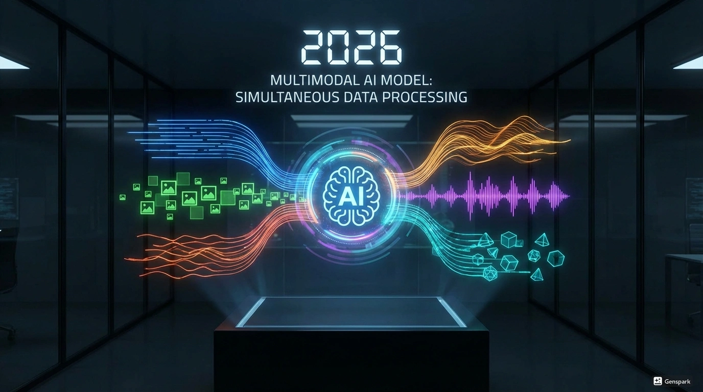 Мультимодальные ИИ модели 2026 - работа с разными типами данных. Визуализация AI системы обрабатывающей текст, изображения, видео, аудио и 3D объекты одновременно