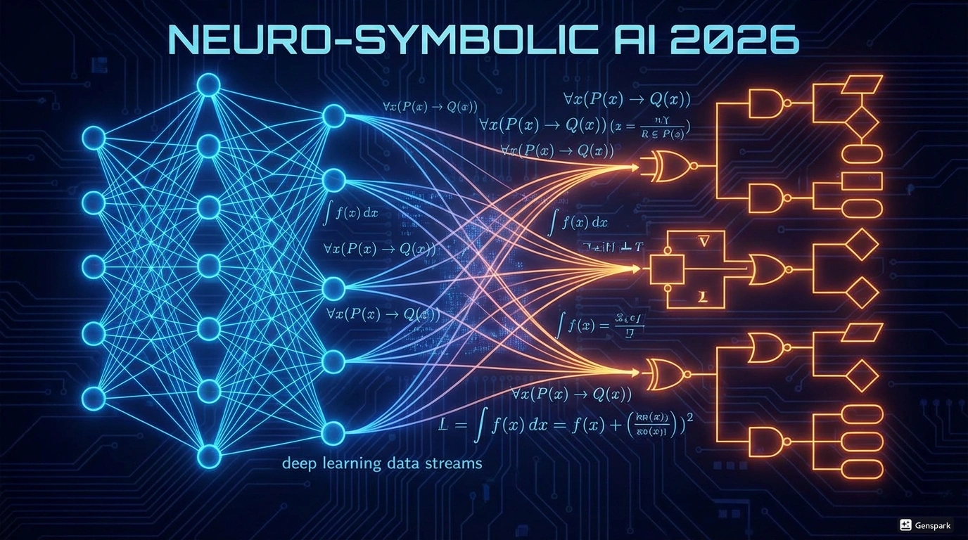 Нейро-символический ИИ 2026 - логика и рассуждения. Абстрактная визуализация гибридной AI архитектуры объединяющей нейронные сети с символьным логическим рассуждением и математическими формулами