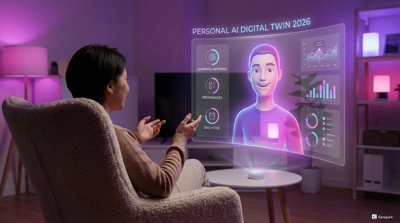 Персонализированные ИИ ассистенты 2026 - цифровые двойники. Персонализированный AI ассистент как цифровой двойник пользователя с голографическим интерфейсом показывающим персональные предпочтения и паттерны обучения