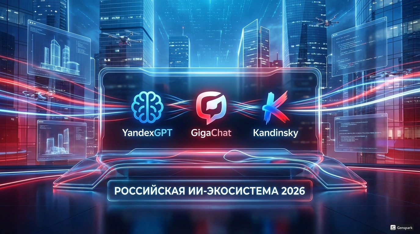 Российские ИИ разработки 2026 - GigaChat, YandexGPT, Kandinsky. Визуализация российской экосистемы разработки ИИ с логотипами GigaChat, YandexGPT и Kandinsky интегрированными в футуристический технологический ландшафт