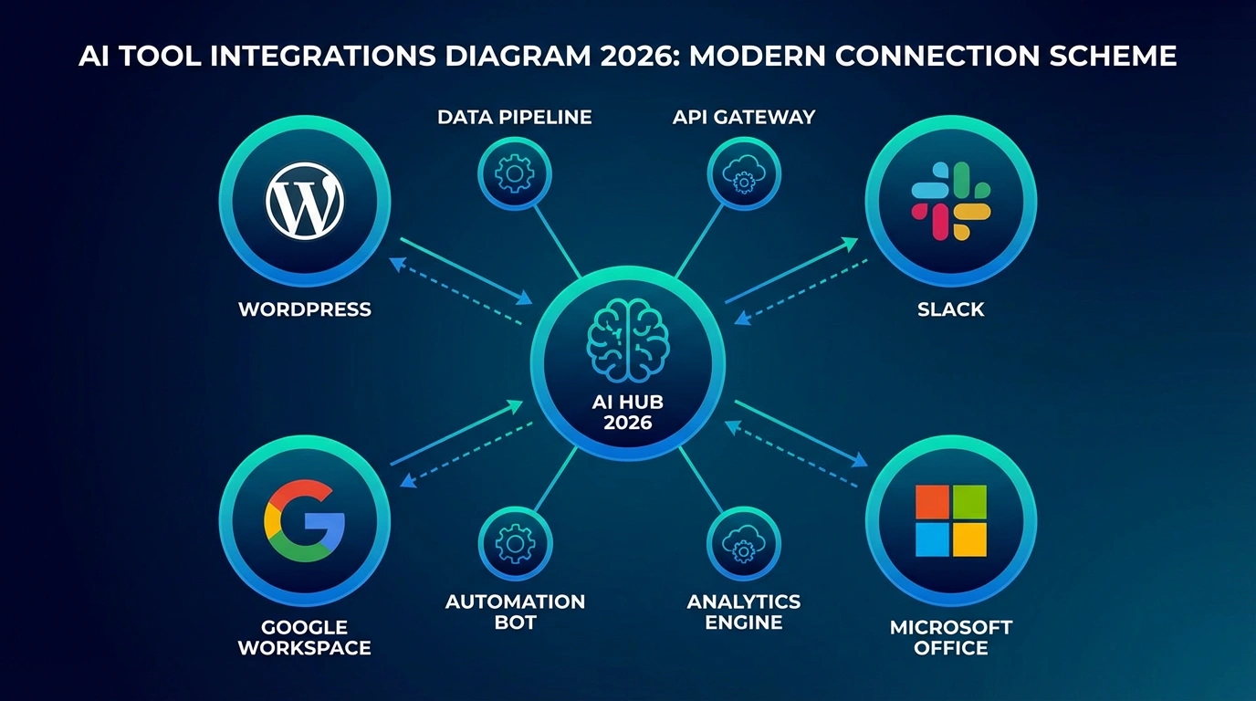 Интеграции AI инструментов с популярными платформами. Схема интеграций AI инструментов с популярными платформами: WordPress, Slack, Google Workspace, Microsoft Office