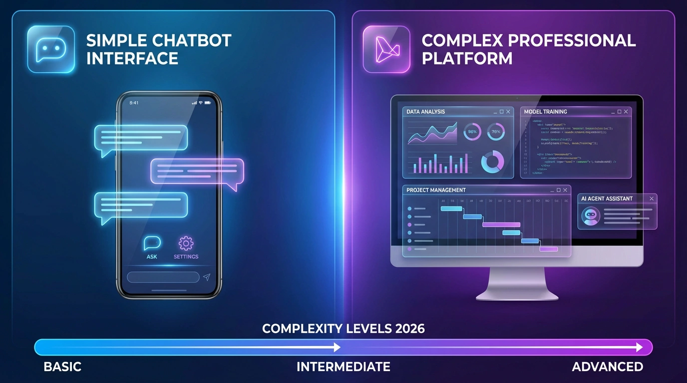 Интерфейсы AI инструментов 2026 - сравнение сложности. Сравнение интерфейсов различных AI инструментов от простых чат-ботов до сложных профессиональных платформ