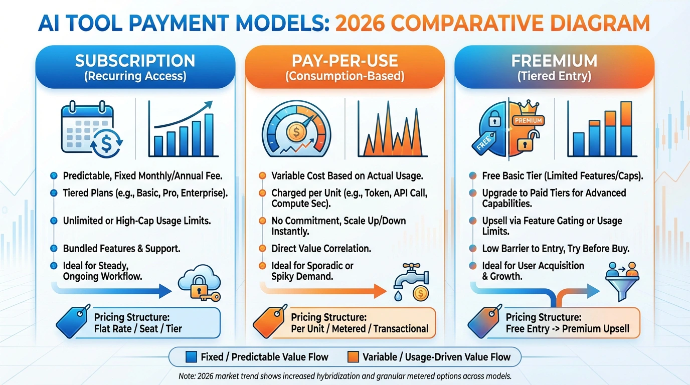 Модели оплаты AI инструментов 2026 - подписка vs оплата за использование. Сравнительная диаграмма моделей оплаты AI инструментов: подписка, оплата за использование, freemium