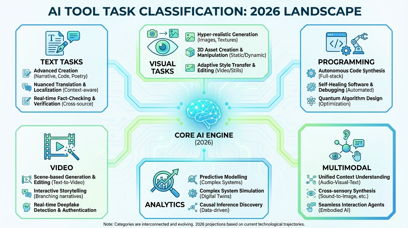 Типы задач для AI инструментов 2026 - классификация. Инфографика классифицирующая задачи для AI инструментов: текстовые, визуальные, программирование, видео, аналитика, мультимодальные