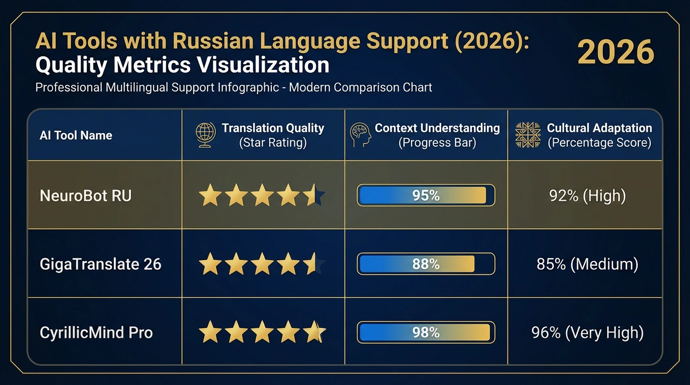Поддержка русского языка в AI инструментах 2026. Сравнительная таблица AI инструментов с поддержкой русского языка: качество перевода, понимание контекста, культурная адаптация