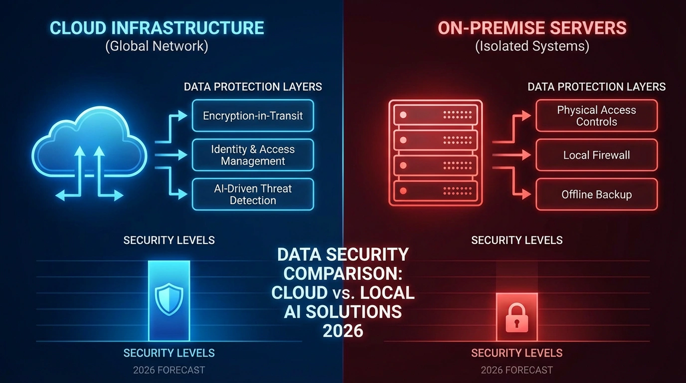 Безопасность данных в AI инструментах - облако vs локально. Сравнение безопасности данных в облачных и локальных AI решениях с визуализацией уровней защиты