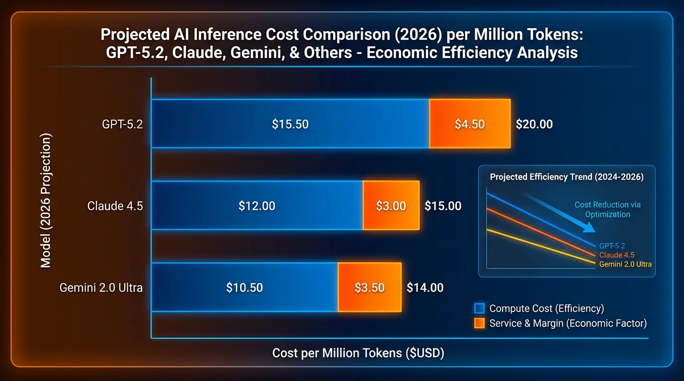 Сравнительная стоимость инференса AI моделей 2026 - визуализация цены за миллион токенов. Анализ стоимости GPT-5.2 Claude Gemini, график экономической эффективности, профессиональная визуализация данных