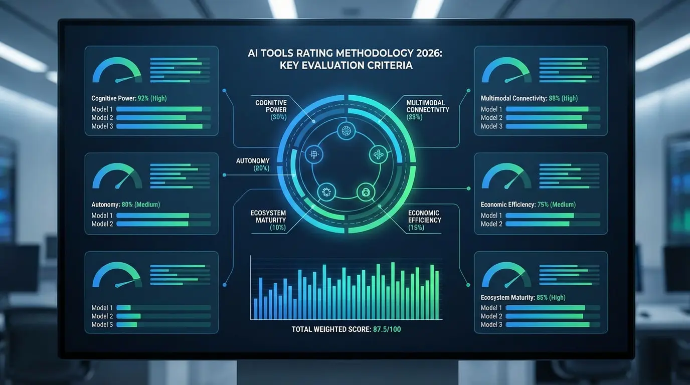 Методология рейтинга AI инструментов 2026 - 5 ключевых критериев оценки. Когнитивная мощь, Мультимодальная связность, Автономность, Экономическая эффективность, Зрелость экосистемы, визуализация системы взвешенных оценок