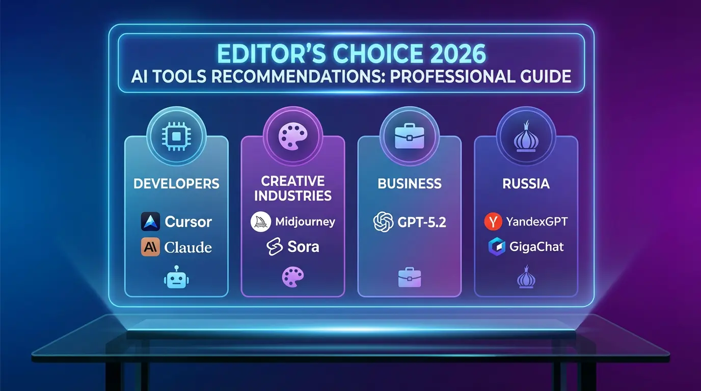 Выбор редакции 2026 рекомендации AI инструментов - визуализация. Разработчики Cursor Claude, креативные индустрии Midjourney Sora, бизнес GPT-5.2, Россия YandexGPT GigaChat, профессиональный гайд рекомендаций