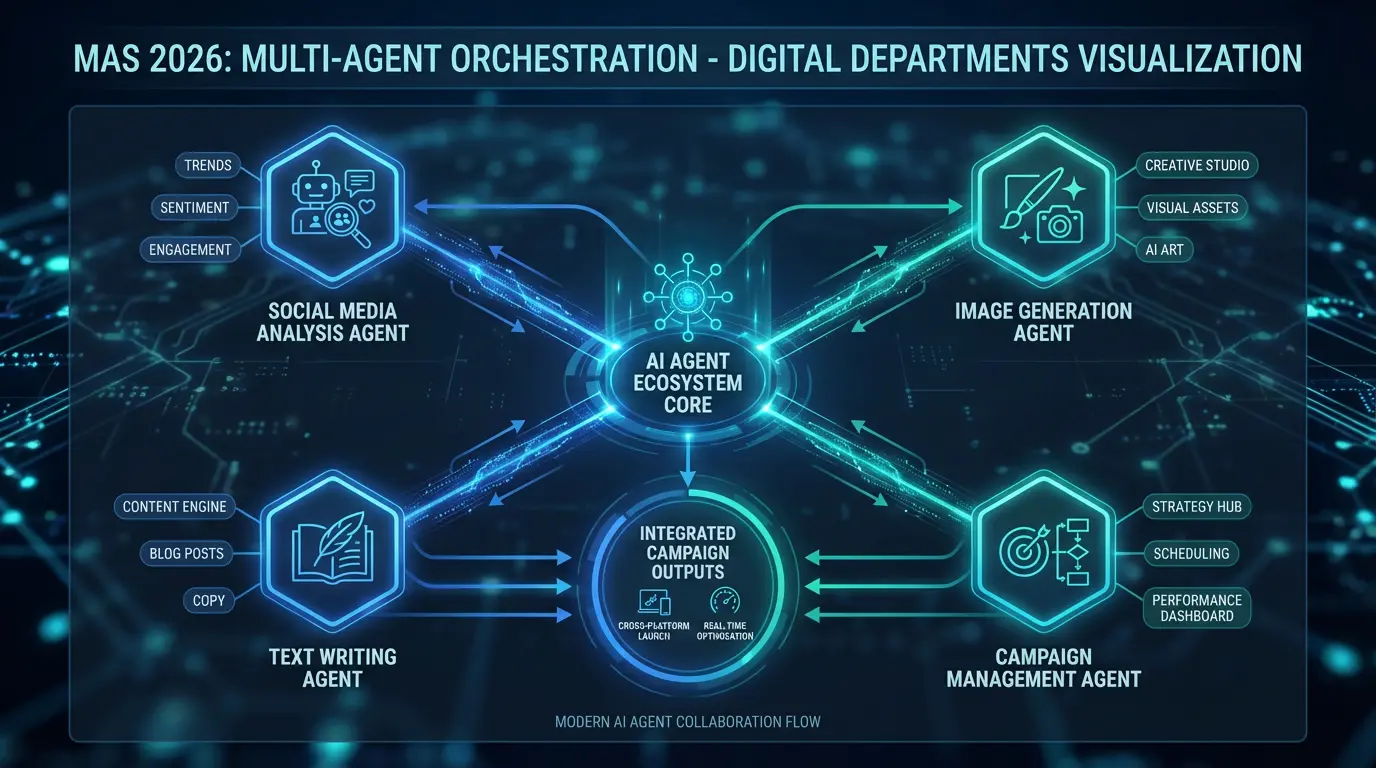 Мультиагентная оркестрация MAS 2026 - визуализация цифровых департаментов. AI агенты работающие вместе: анализ соцсетей, генерация изображений, написание текстов, управление кампаниями, современная диаграмма экосистемы агентов