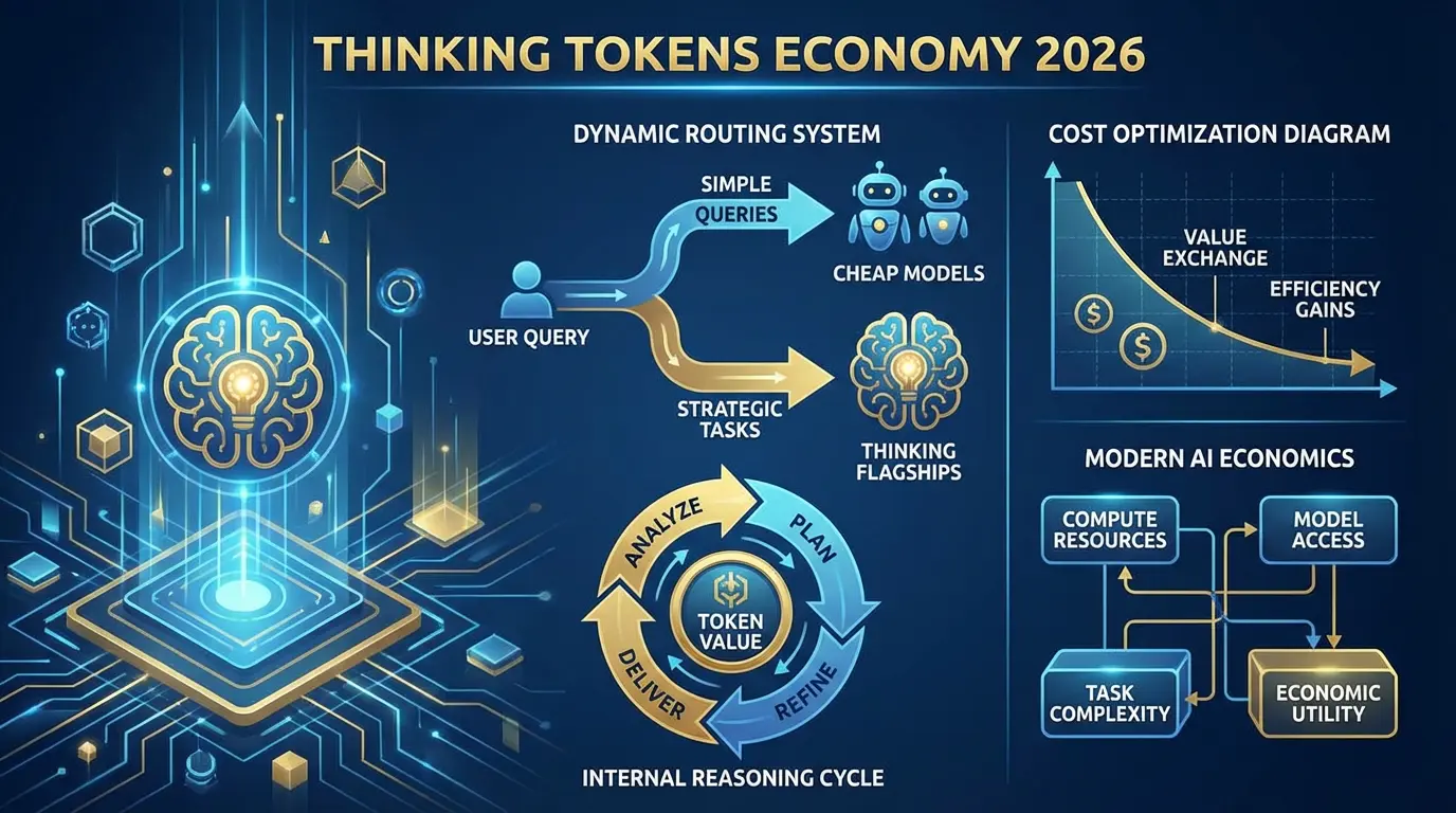 Экономика размышляющих токенов 2026 - визуализация внутреннего цикла рассуждений. Система динамической маршрутизации: простые запросы на дешевые модели, стратегические задачи на думающие флагманы, диаграмма оптимизации стоимости