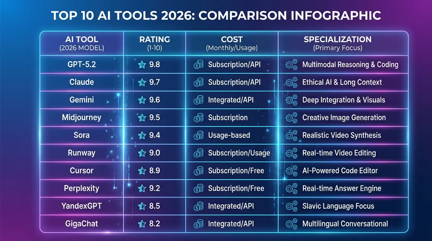 Сравнительная таблица ТОП-10 AI инструментов 2026 - инфографика. GPT-5.2 Claude Gemini Midjourney Sora Runway Cursor Perplexity YandexGPT GigaChat, визуализация рейтингов цен специализаций, современная сравнительная диаграмма